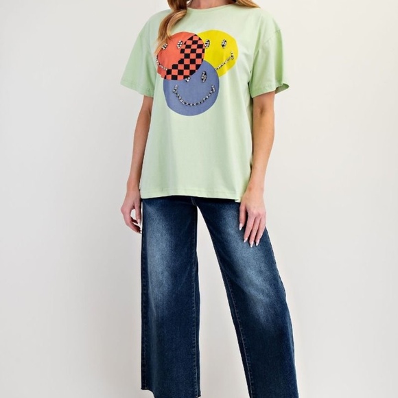 NEW EASEL BEDAZZLED SMILEY FACE COTTON JERSEY KNIT TOP T SHIRT SMALL GREEN - Picture 3 of 5